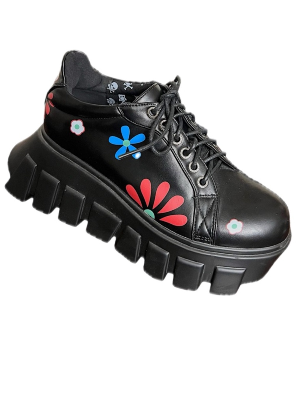 Lamoda IN BLOOM chunky sneaker Black colorful Floral Platform 8 NWOT